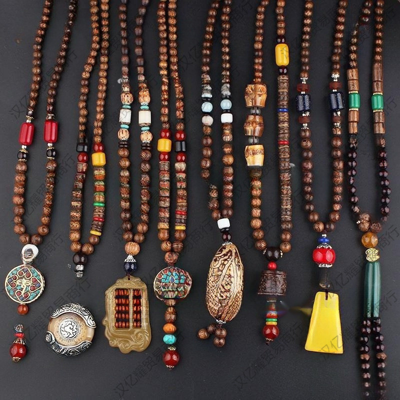 西藏特色工艺品民族风项链女复古云南藏族装饰品木质吊坠男毛衣链