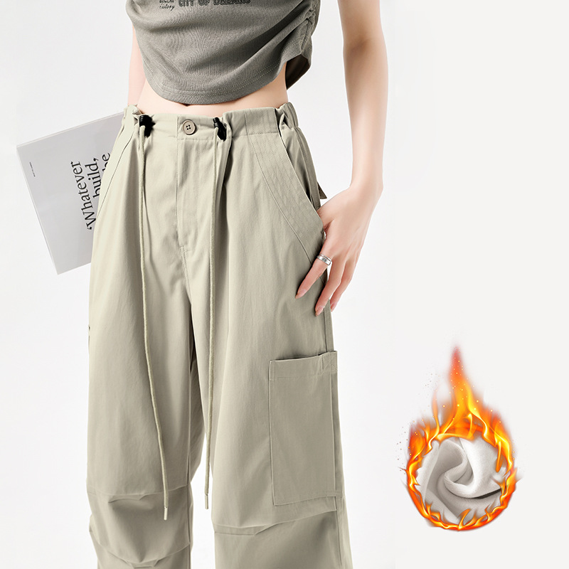 American-Style Work Pants for Women, Autumn and Winter, Fleece-Lined, Thickened, High-Waisted, Drawstring, Large Pockets, Sports Pants, Casual Women's Pants