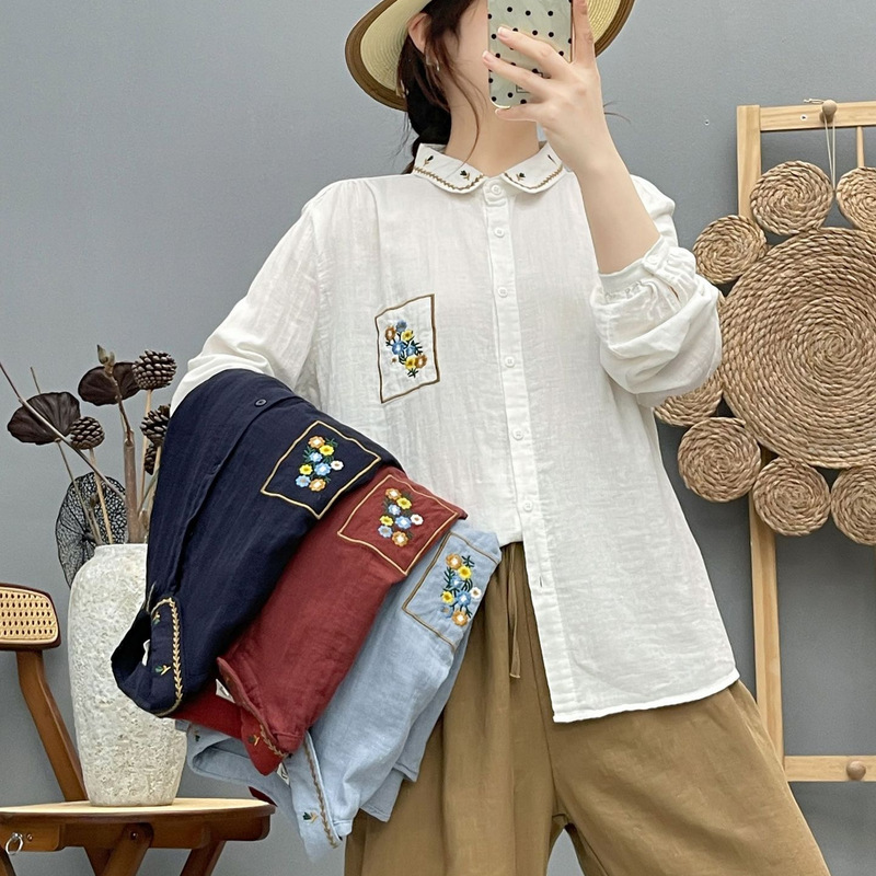 Autumn New Style Double-Layer Cotton Gauze Long-Sleeved Shirt for Women, Doll Collar Embroidered Shirt, Double-Layer Gauze Soft and Breathable Top