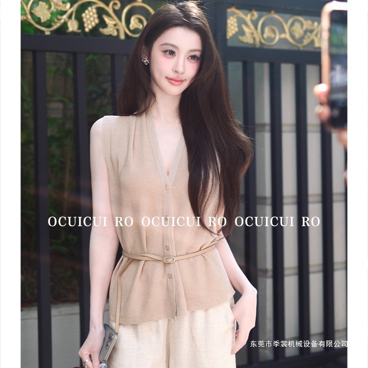 CUICUI崔崔【塞纳香氛】老钱松弛V领亚麻无袖背心上衣休闲裤套装|undefined