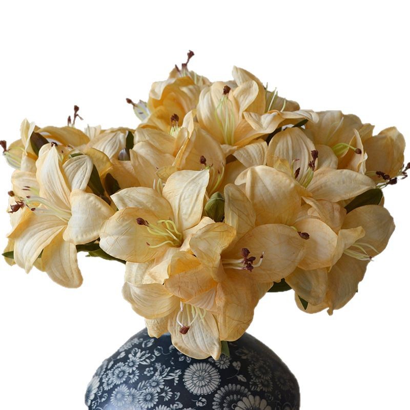 Cross-border Taobao wholesale artificial flower decoration for living room wedding celebration, vintage distressed autumn color wrinkled fabric lily flowers fake flowers