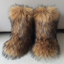 跨境歐美平跟高幫仿貉子狐狸毛毛皮草雪地靴子冬季保暖中筒女士鞋