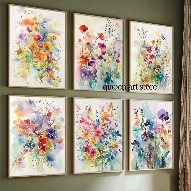 亚马逊现代水彩粉色花卉花束卧室客厅帆布装饰画芯挂画无框海报