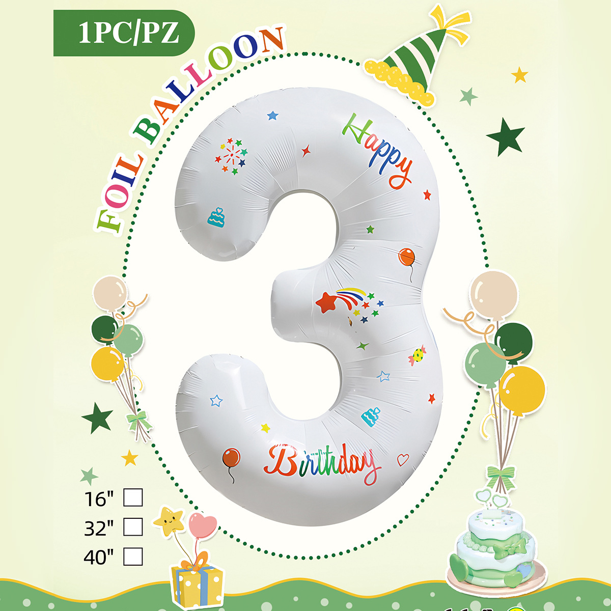 Embalaje de tarjeta de papel independiente digital de cumpleaños impreso en blanco de 32 pulgadas, decoración de fiesta de la versión estadounidense, película de aluminio, decoración de globos de papel de aluminio