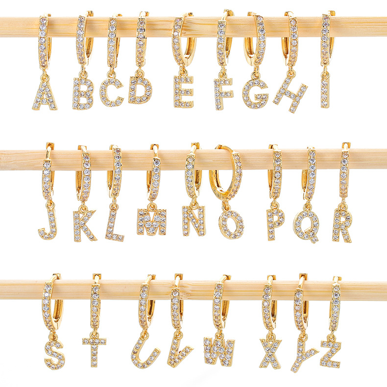 5g Weight Zircon Inlay Material Earrings Classification Anniversary, Business, Wedding, Travel, Birthday, Festival Occasion Copper Material Letter Pattern Women'S Gender Inlaid Zircon Design Fashion Style Gold Color Fashion New Zircon 26 English Letters Single Earrings 无