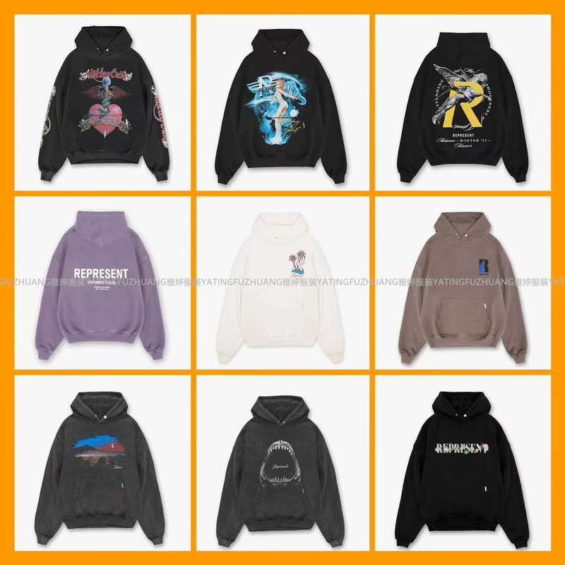 High Street Fashion Brand REPRESENT ICON Sunset Crocodile Letter Logo Print Men's and Women's Casual Hooded Sweater