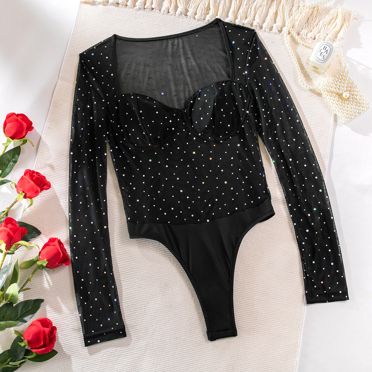 Women's Clothing street sequins sexy see through steel ring slim spring and autumn long sleeved mesh slimming breathable jumpsuit_voghion.com