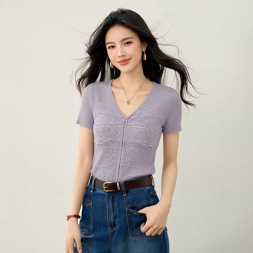韩系甜辣紫色双拉链v领针织开衫女春季新款小众独特别致短袖上衣