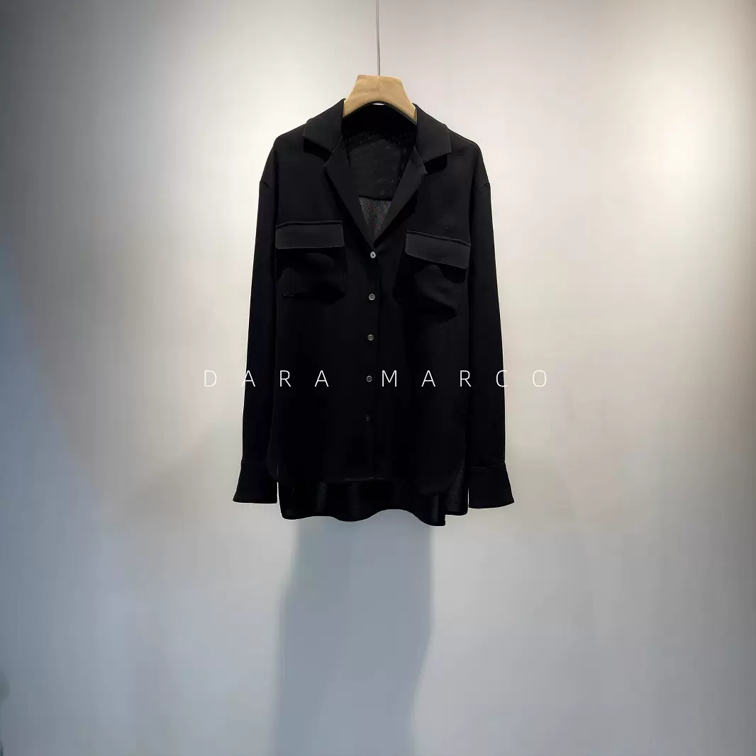 慵懒轻奢三醋酯纤维ro*家宽松翻领衬衫可御可甜黑色衬衫女厚秋