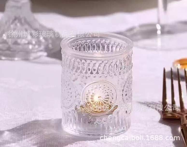 亚马逊爆款太阳花茶蜡杯复古烛台圆形玻璃蜡烛台香薰蜡烛空罐现货|undefined