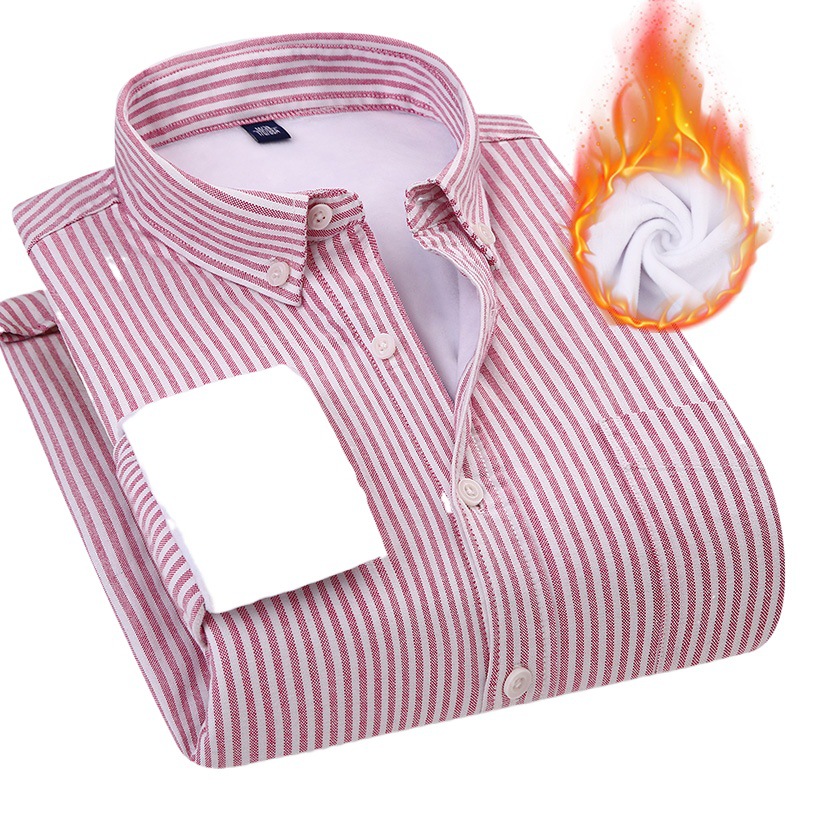 Camisa de Hombre Dongyu para Otoño e Invierno, Forrada de Felpa Cálida, Camisa de Manga Larga de Tela Oxford a Rayas, Camisa de Hombre de una Pieza al por Mayor