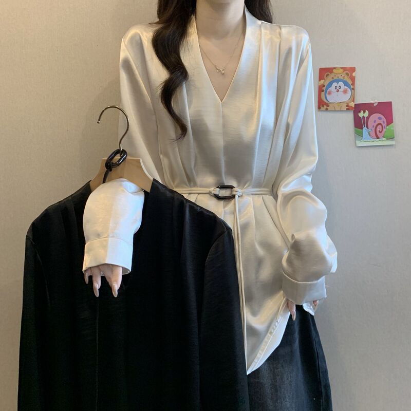 New Product Acetic Acid New Product Floating Collar Long-Sleeved Shirt Early Autumn New Large Size Women's New Waist Top Black