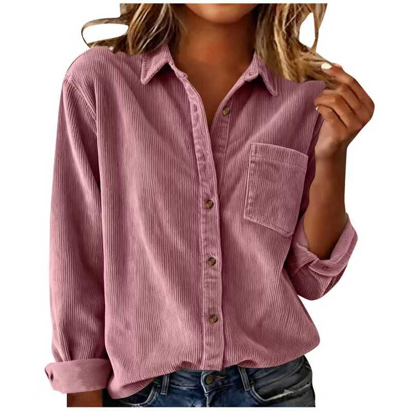 Women's Fashionable Solid Color Corduroy Long Sleeve Turn-down Collar Shirt Loose Casual Pocket Button Cardigan Top Jacket