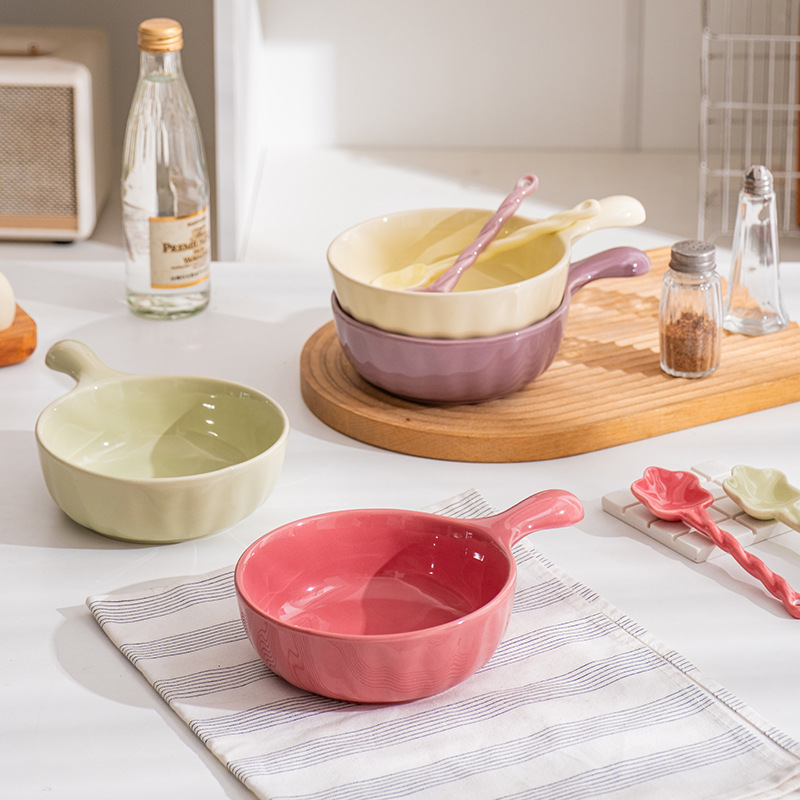 Korean Ins Style Cream Tableware Baking Bowl Ceramic Handle Soup Bowl Instant Noodles Snail Rice Home Salad Baked Rice Bowl