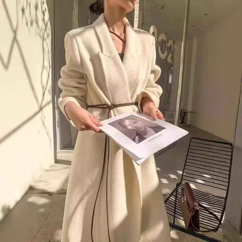 24 Winter High-end Double-sided Cashmere Coat Women's Korean-style Belt Shoulder Pad Slim Wool Coat