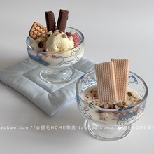韩国ins可爱插画小猫小狗玻璃杯甜品冰淇淋高脚碗卡通布丁酸奶杯