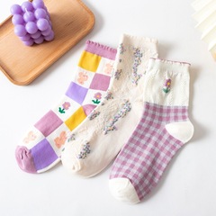 Women's 100% Cotton Crew Socks with Purple Floral Designs for Girls - Fresh and Trendy Japanese Style Socks