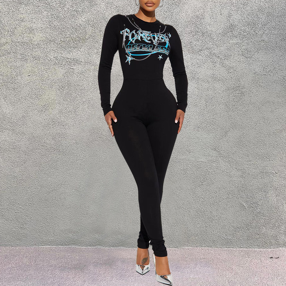7979 nazada europeo y americano transfronterizo de una sola pieza de ropa de mujer de moda impresa cuello redondo de manga larga de alto elástico adelgazante mono apretado image 4