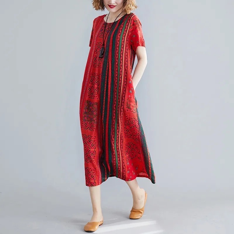 2023夏は氷の糸のゆったりした半袖のプリントのワンピースの中の長いタイプのお母さんの服の復古の文芸の気質の長いスカートをまねます。|undefined
