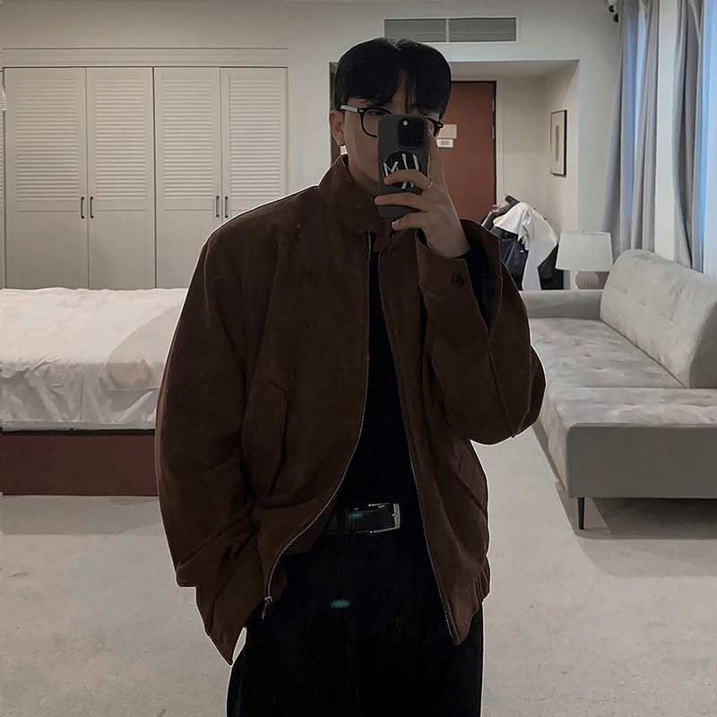 Asclo Retro Bomber Jacket Autum New Korean Style Trendyy Suede Jacket Ins Stand Collar Zipper Men's