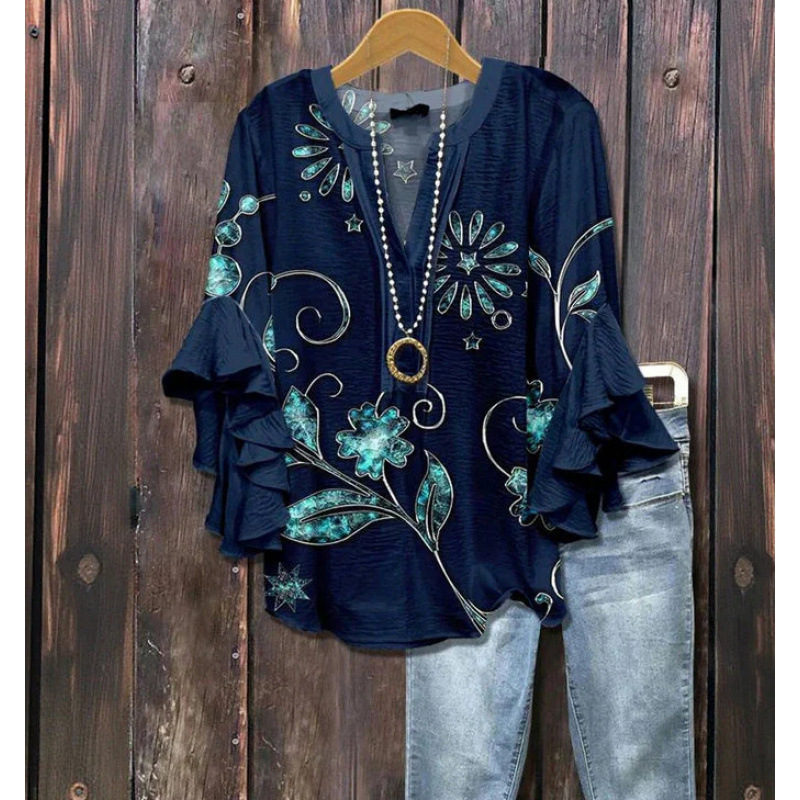 3D New Cross-Border Creative Floral Element Print Digital Print Casual Trendy V-Neck Ruffled Edge T-Shirt for Women
