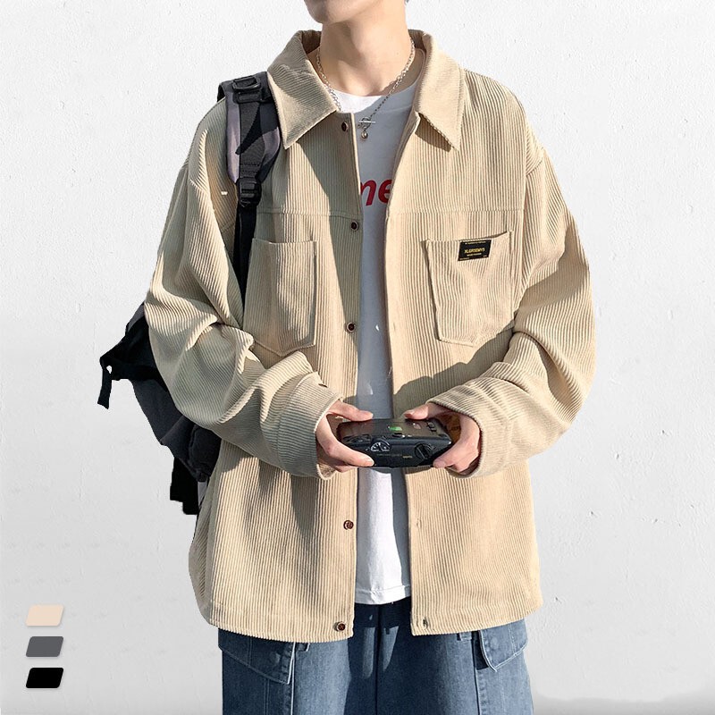 Corduroy long-sleeved shirt men's 2023 autumn and winter loose Hong Kong style loose lapel jacket outer pullover