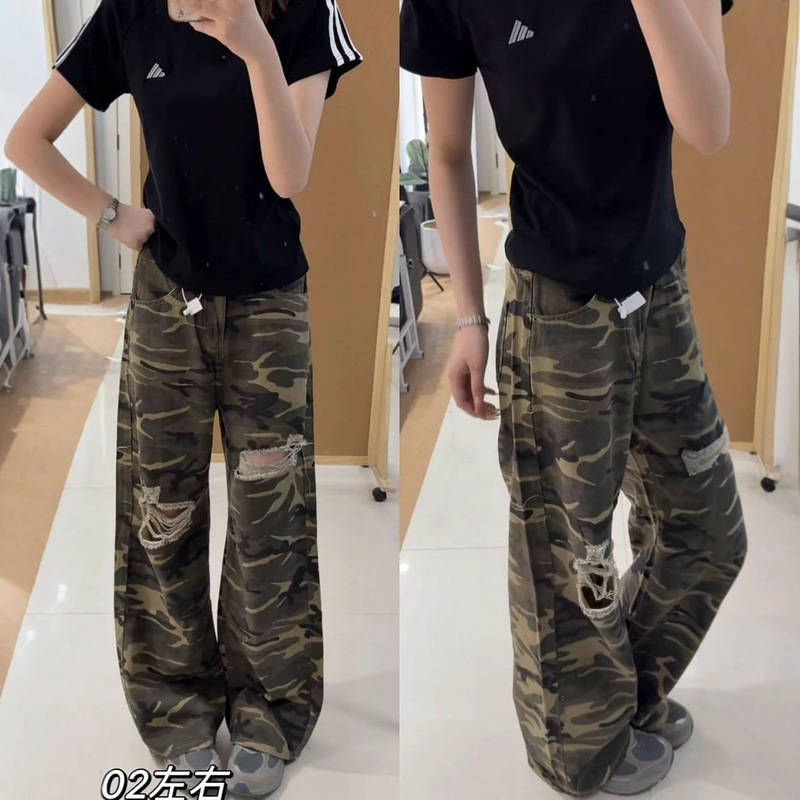 Personalized Ripped Camouflage Straight-Leg Jeans for Women, New Summer Korean Style, Thin High-Waisted Versatile Wide-Leg Pants Ins