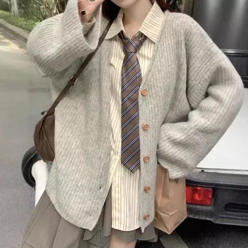 韓国スタイル V ネックセーターデザインボタン女性の秋の新しい怠惰なスタイルルーズカジュアルスリムニットカーディガンジャケット|undefined
