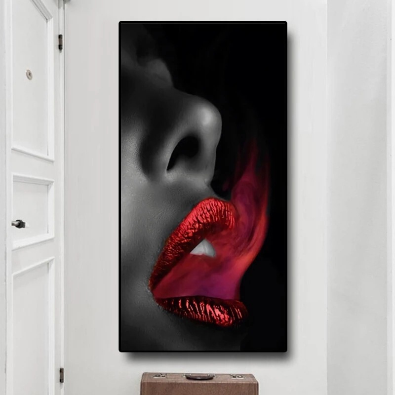 High-definition leaflet black background woman red lip smoke Hotel gallery corridor decoration hanging picture background wall spray painting hanging picture