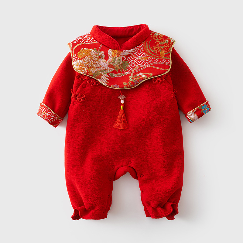 Ropa de primavera y otoño para bebés, mono para recién nacidos, una categoría de ropa, traje Tang, vestido de luna llena para bebés femeninos rojos