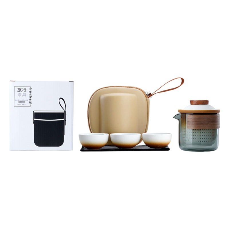 Juego de Té de Viaje 1 Tetera 3 Tazas en Cerámica Portátil para Camping