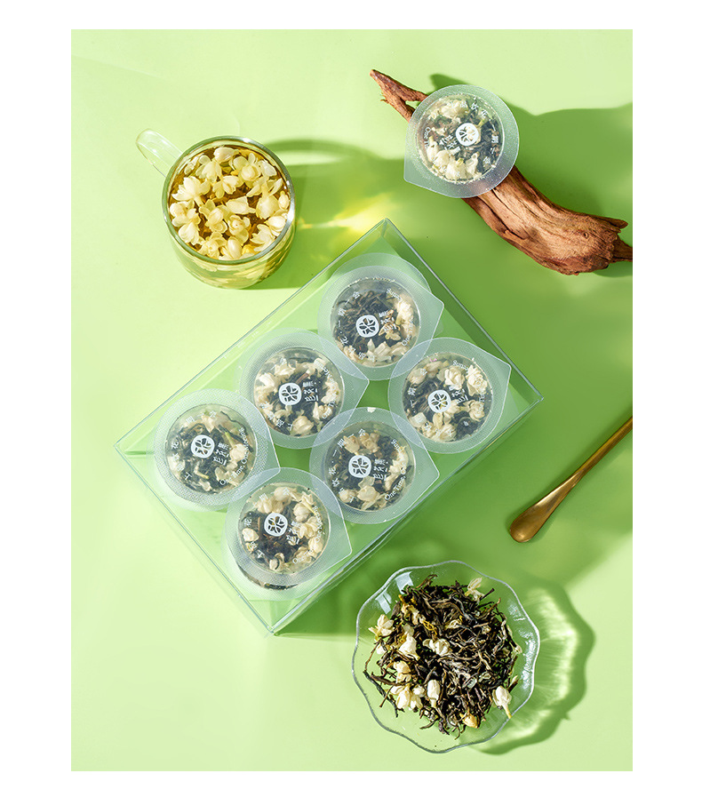 Jasmine Snow Tea 42g Mini Canister Fragrant Green Tea Blend with Adzuki Coix Seed Lotus Seed Poria in use