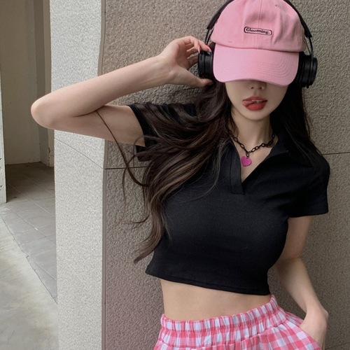 Pure Desire Sweet & Spicy Short Design Student Ribbed Top 2025 Summer Fitted Polo Short-Sleeve T-Shirt for Women Trendy