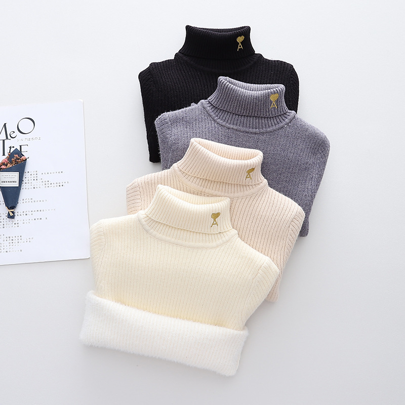 男女寶寶打底衫兒童純色針織壹體絨打底衫兒童洋氣百搭高領套頭衫