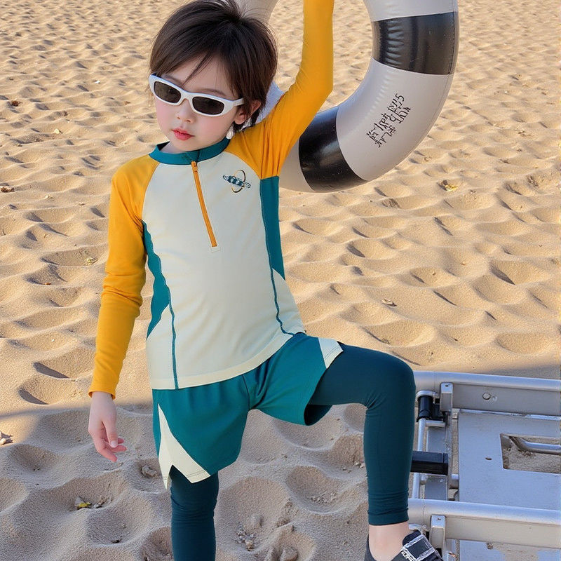 아동 수영복 소년 스플릿 여름 새로운 속건성 중대형 아동 수영복 소년 수영복 긴팔 자외선 차단