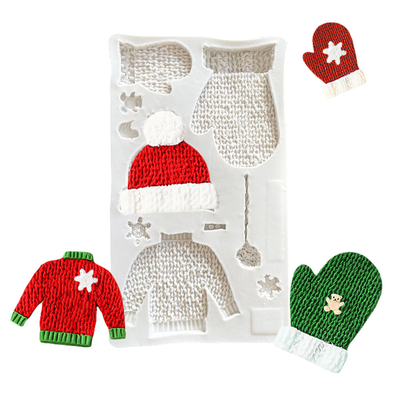 Pastel de fondant decorada Guantes de lana de Navidad Molde de silicona Sombrero de galletas de chocolate para hornear