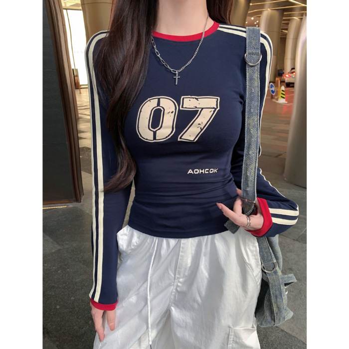 アメリカのレトロhiphopの肩の3つのバーの長袖のtシャツの女性の2024年の春と秋の修身はやせている短い上着を現します。|undefined