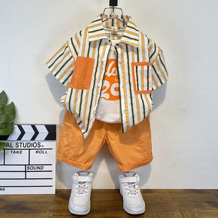 Boys Summer Short-Sleeved Suit 2025 New Fashionable Internet Celebrity Baby Thin Shirt Kidsren's Summer Vest Three-Piece Set