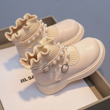 儿童马丁靴女童毛线筒短靴2025秋冬新款女宝宝珍珠加绒袜子靴防滑