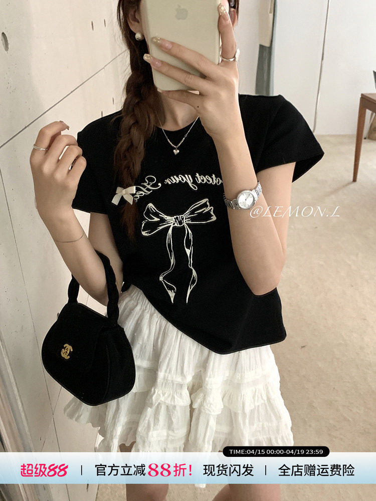 小众短袖恤女夏季新款小个子蝴蝶结正肩黑色短款漂亮灰上衣