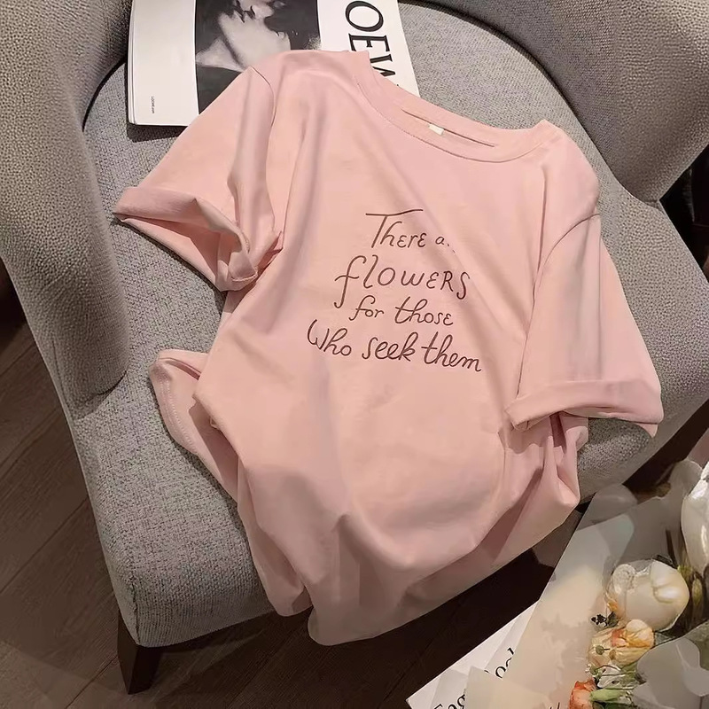 Pink Letter Print Modal Short-Sleeve T-Shirt for Women 2026 New Korean Style Loose Versatile Half-Sleeve Base Top