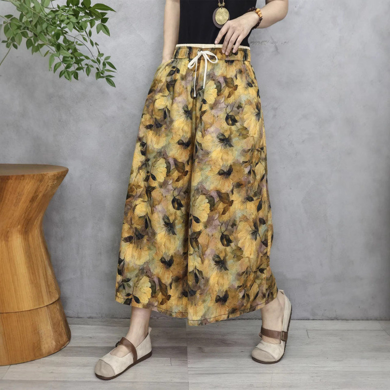 Printed Cotton-Linen Skirt Pants for Women, Summer Thin Style, 2026 New High-Waisted, Drapey, Loose Casual Cropped Linen Wide-Leg Pants