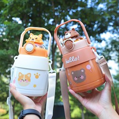 高顏值雙飲公仔大肚保溫杯女生大容量304不鏽鋼吸管水杯運動杯子