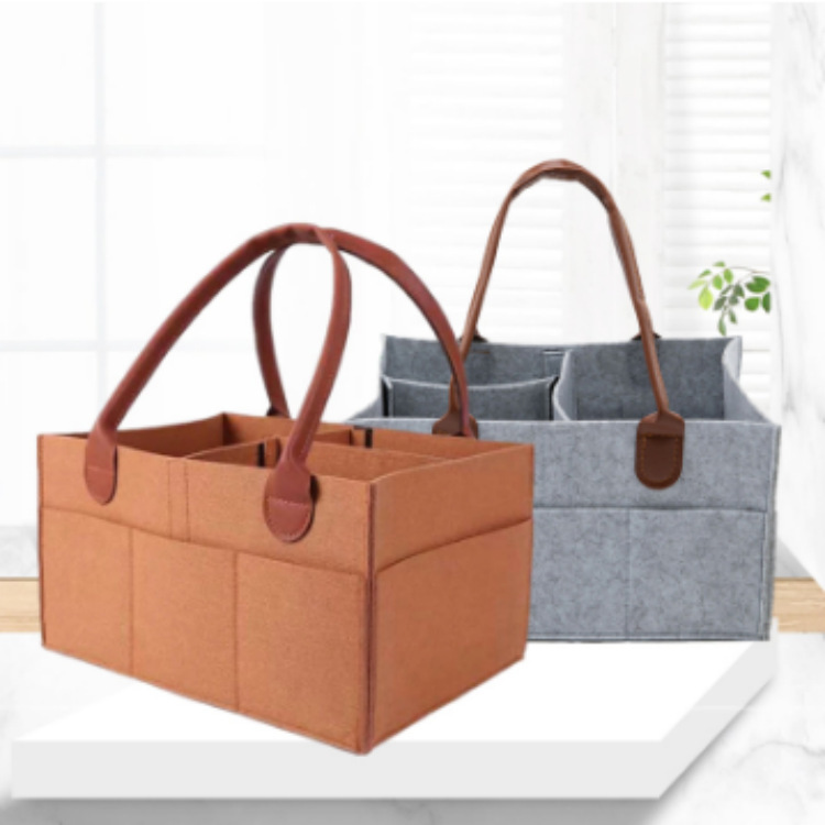Cross-border wholesale felt storage bag high-grade leather handle baby diaper storage bag felt bag