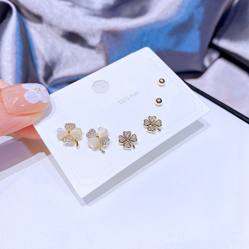 YAKEMIYOU Fashion three pairs heart-shaped four-leaf clover copper earrings set