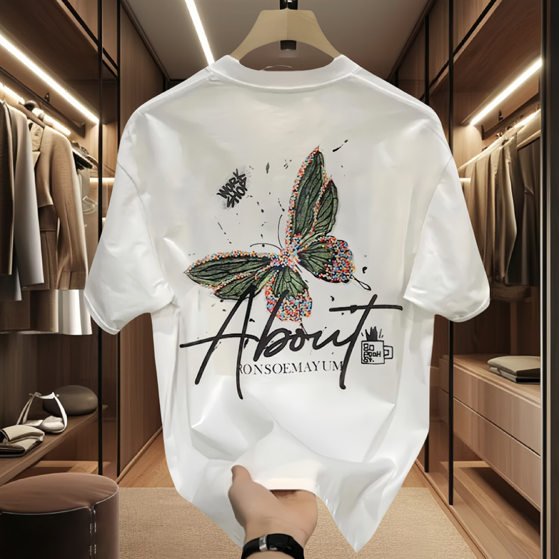 Heavy Trendy Brand Butterfly Print Men's Short-sleeved T-shirt 2025 New Summer Explosions Trendy Casual Crewneck T-shirt