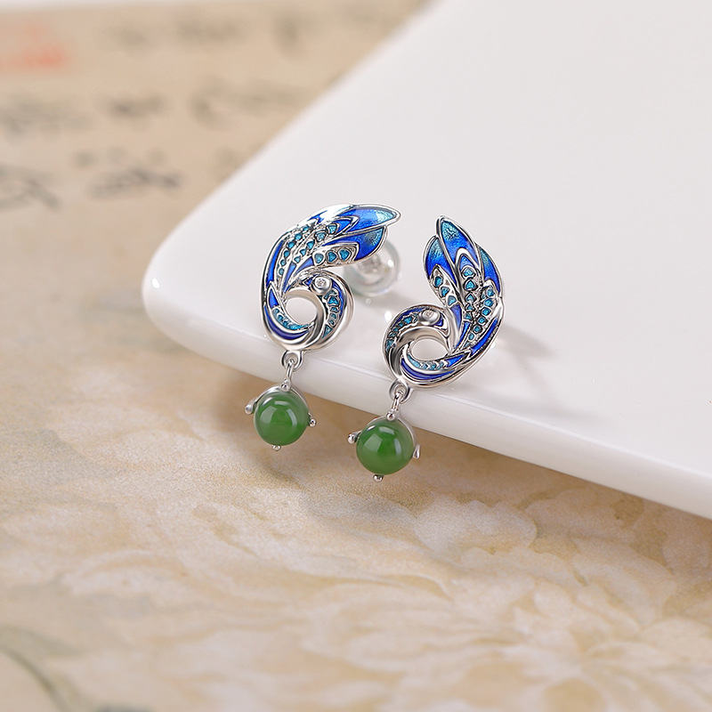 Bông tai dài bạc S925 đá Jasper xanh men hạt tròn phong cách dân tộc — một cặp