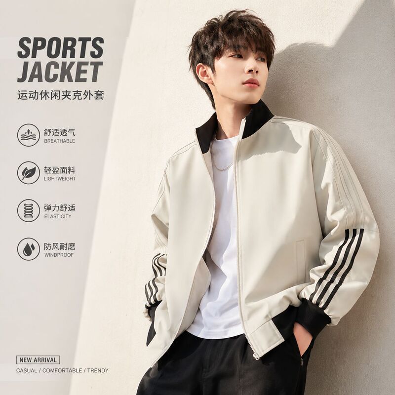 New Three-Stripe Stand-Collar Jacket Couple's Baseball Jacket American-Style Casual Top Trendy Color-Blocking Sports Coat New Three-Stripe Stand-Collar Jacket Couple's Baseball Jacket American-Style Casual Top Trendy Color-Blocking Sports Coat