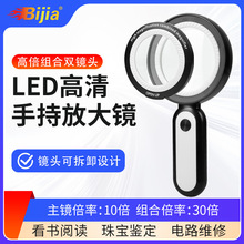 手持高清放大镜10x30x双镜片带LED灯老人阅读古玩鉴赏高倍放大镜