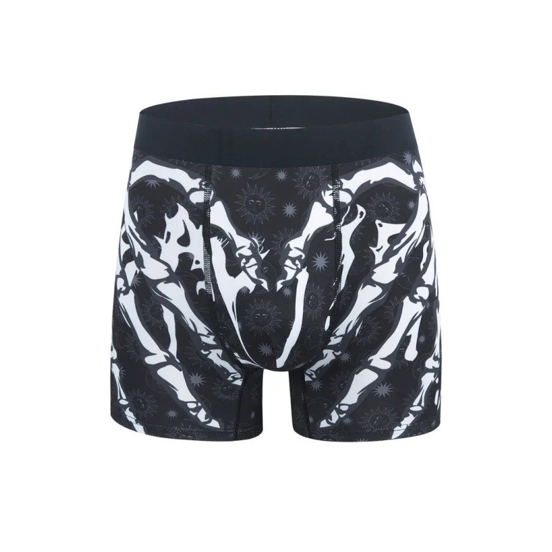 Ropa interior de longitud media de ángulo plano delgado de cintura media sexy para hombres Venta caliente Esqueleto que lema Graffiti Impresión 3D